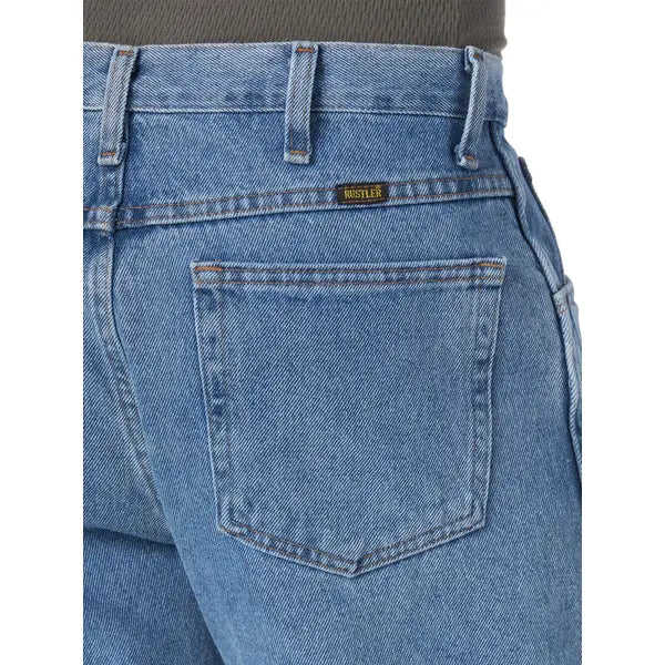 Men's indigo jeans rear view with Rustler patch, back yoke and pocket