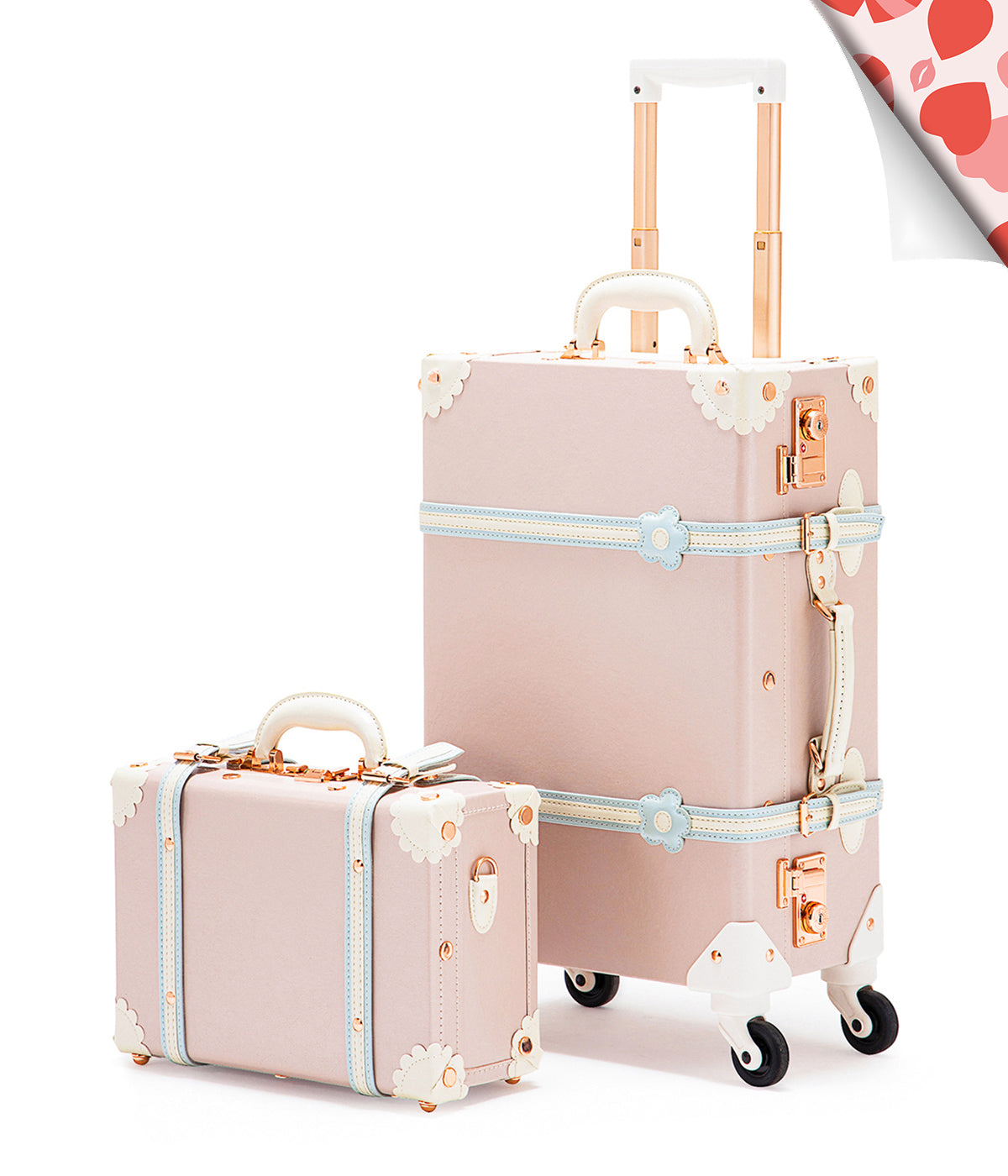 Cherry pink carry-on train case with telescoping handle and lock accents