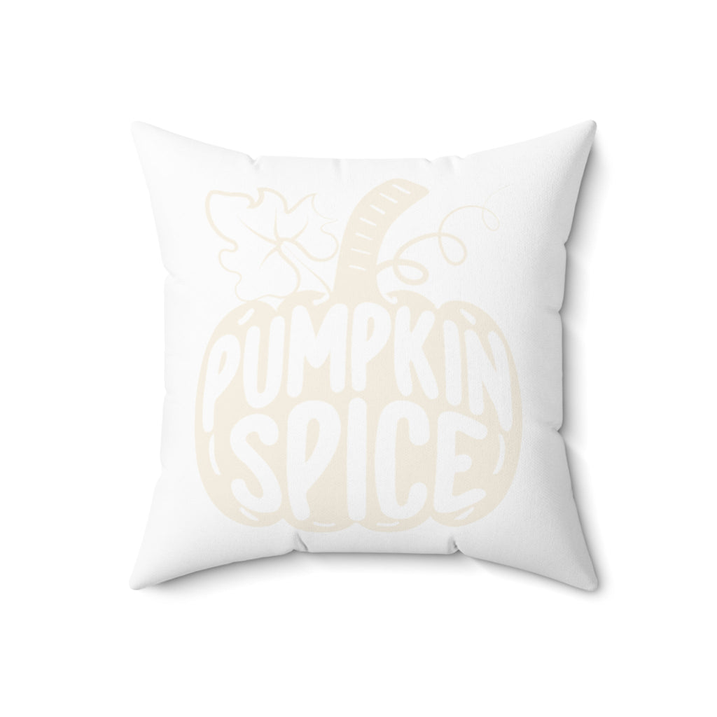 White square throw pillow with light orange pumpkin spice graphic