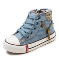Light blue children's high-top canvas sneakers with lace-up, zipper, and white sole