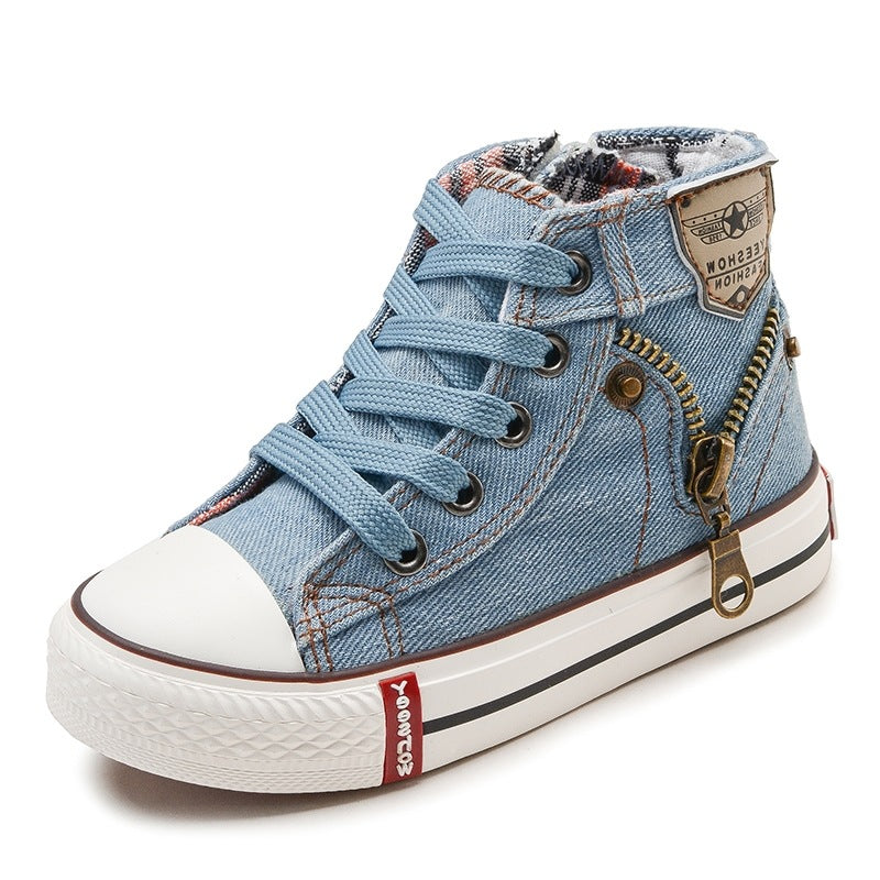 Light blue children's high-top canvas sneakers with lace-up, zipper, and white sole
