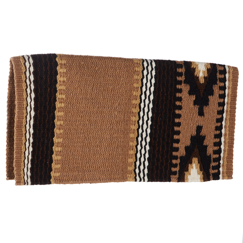 Woven saddle blanket with tan center, black and brown stripes, and white accents