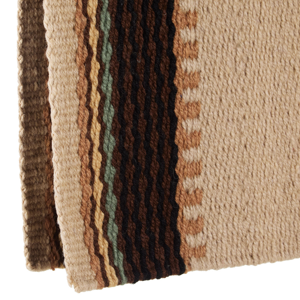 Wool saddle blanket corner with fringe edge, vertical stripes in dark brown and tan