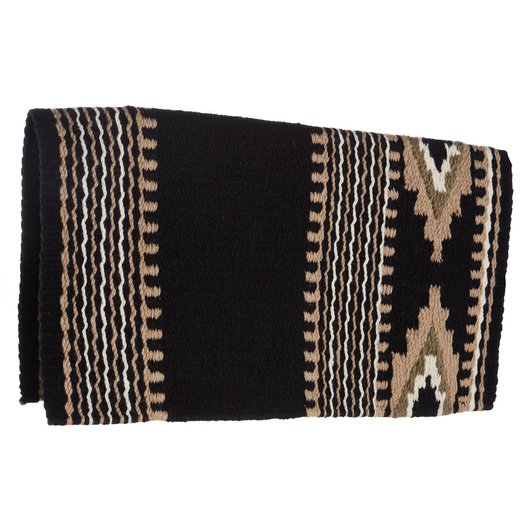 Wool saddle blanket with vertical tan stripes and star accents on dark ground