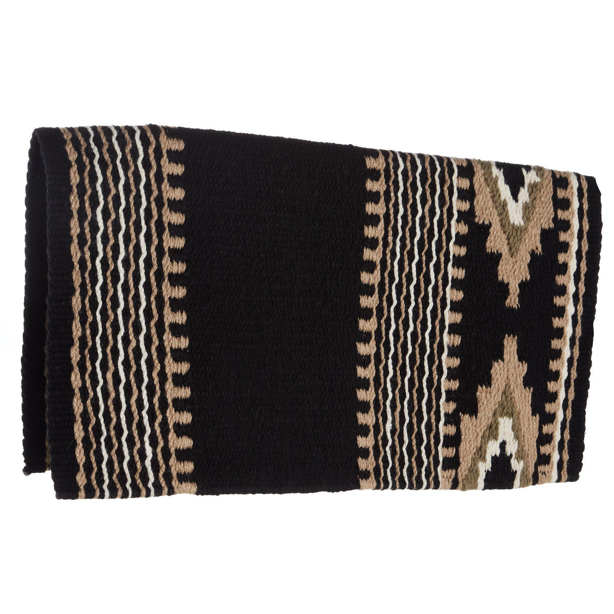 Wool saddle blanket with vertical tan stripes and star accents on dark ground