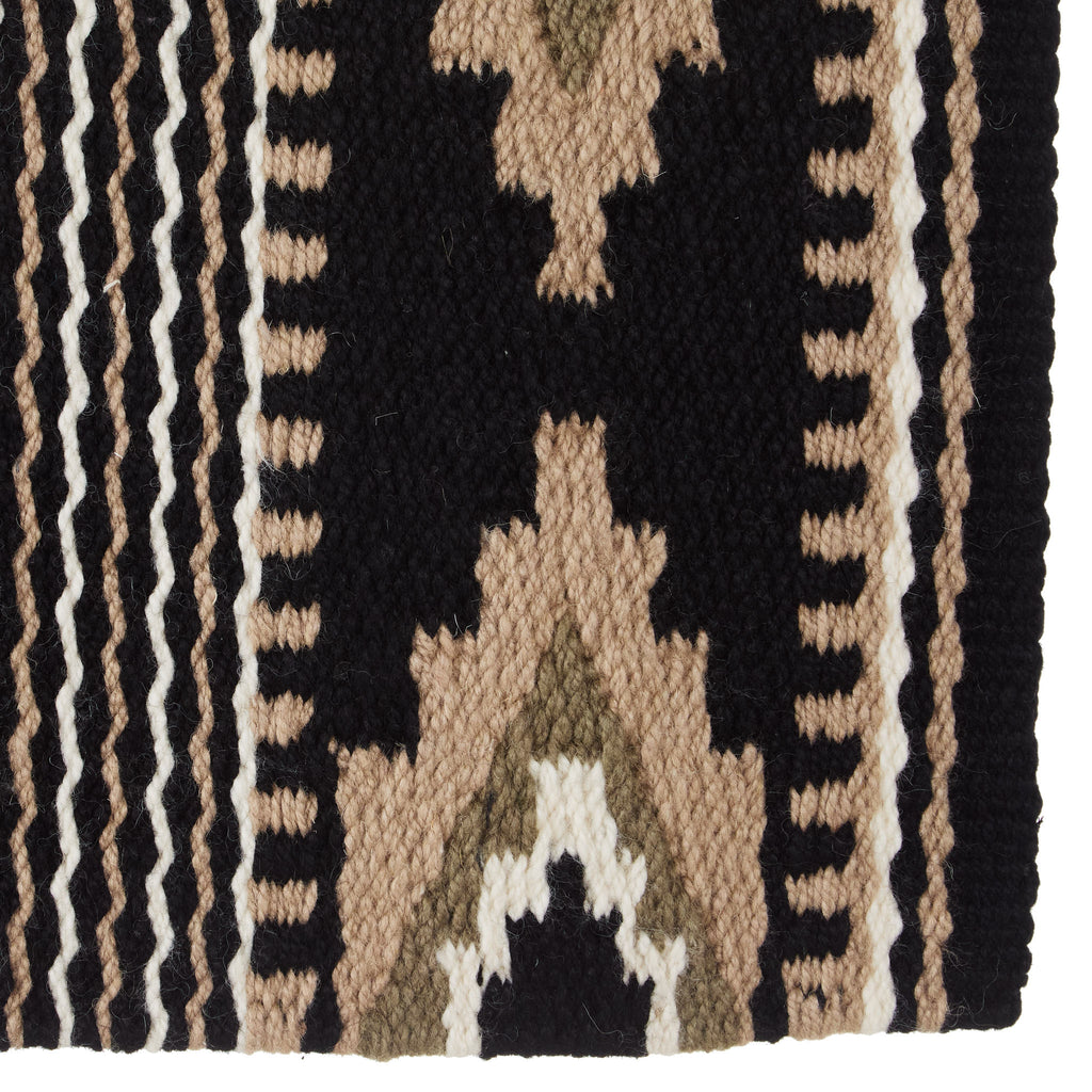 Wool saddle blanket close-up showing tan star motifs with repeating stripe border