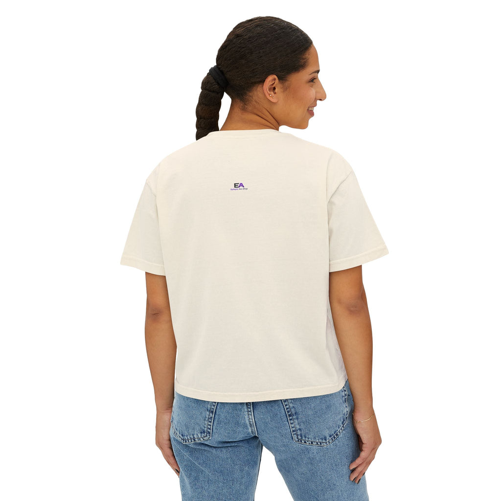Boxy cropped cat tee in ivory with small EA logo on the back