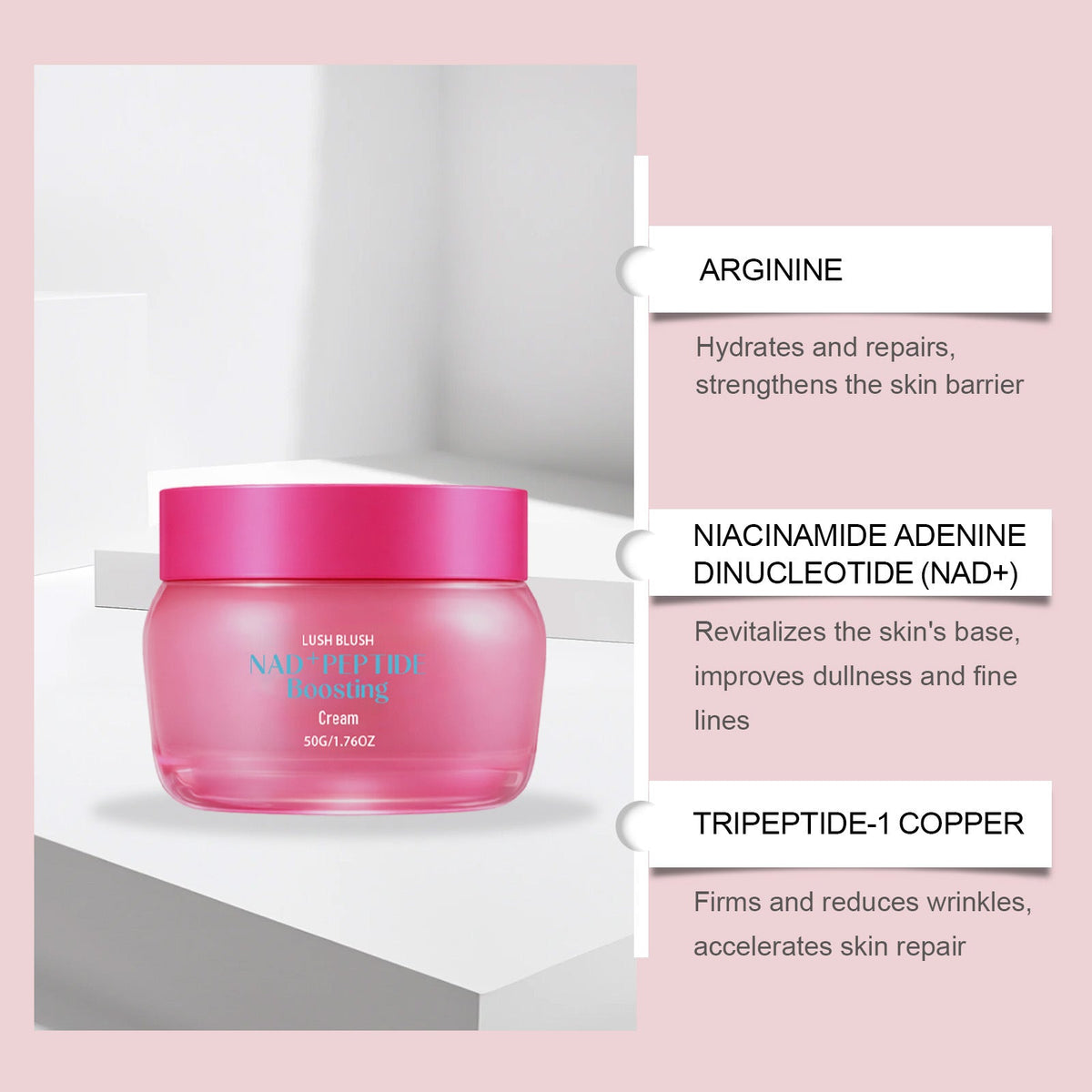 Pink facial cream jar with ingredient labels for NAD+Peptide formula