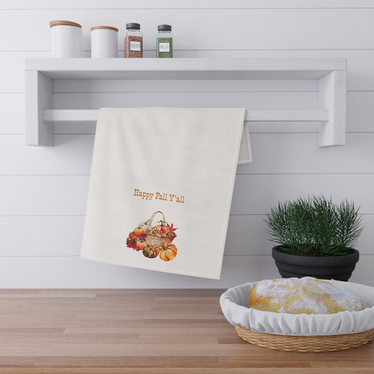 Kitchen tea towel, off-white with “Happy Fall Y'all” and autumn basket graphic