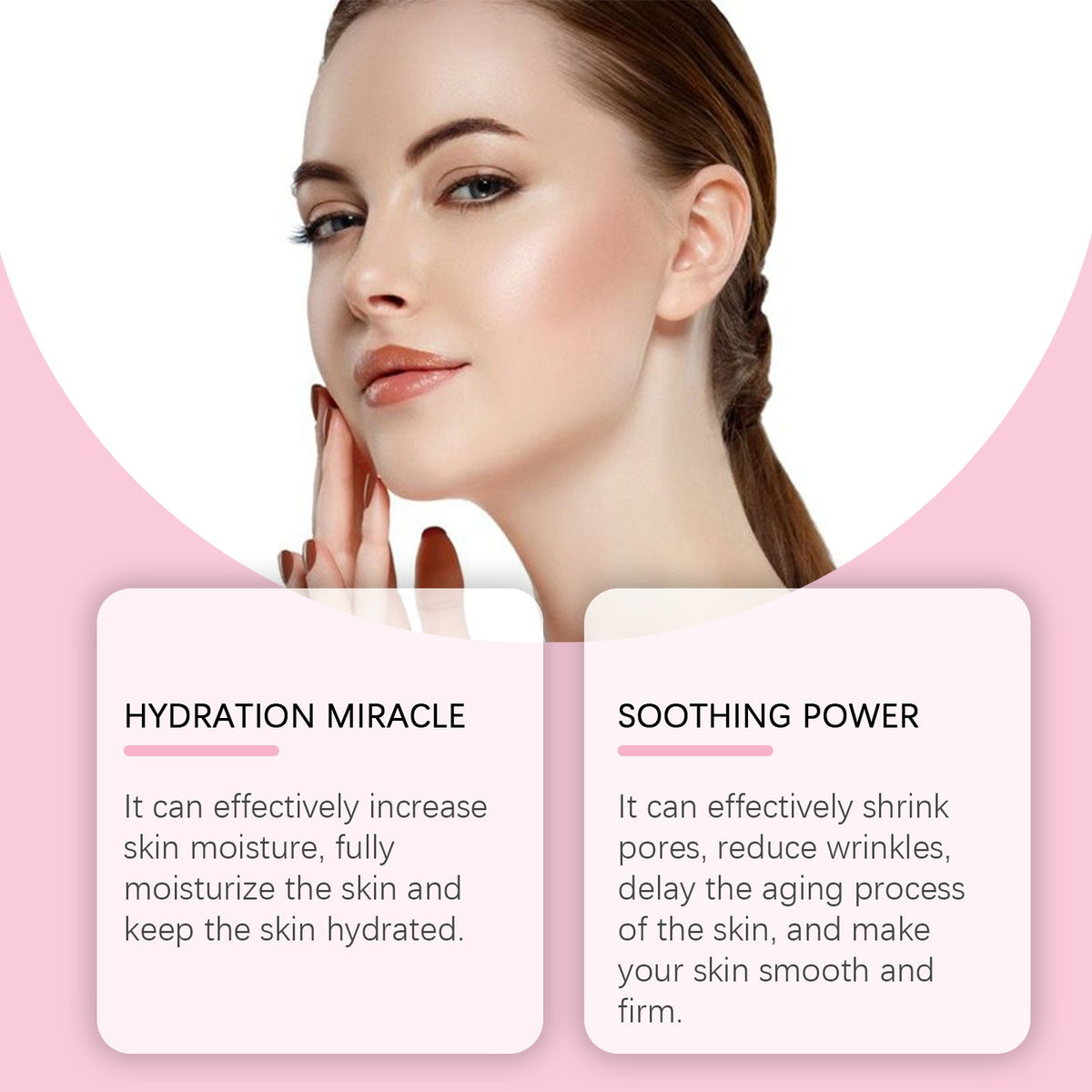 Facial hydration skincare cards with woman holding cheeks in self-care pose