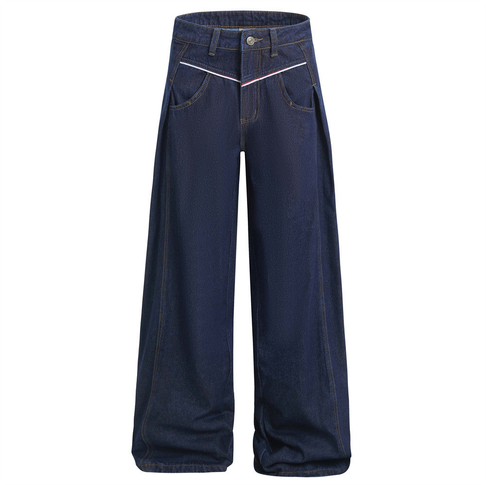 Blue wide-leg denim long pants with pleated front, front pockets, and red contrast stitching