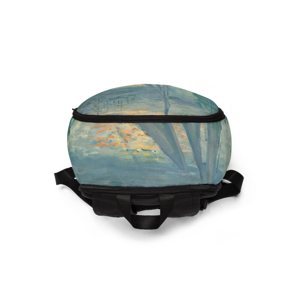 Front bottom view of ocean art fabric backpack with black zipper and straps
