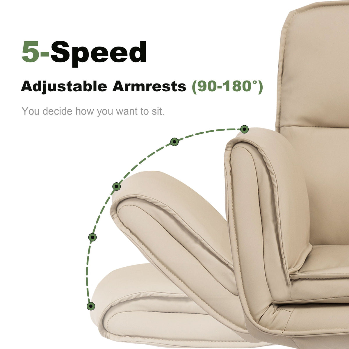 Beige fabric desk chair with adjustable armrest shown near the padded side panel