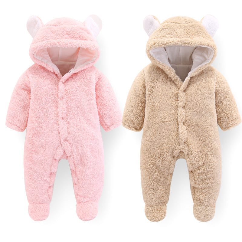 Pink and camel hooded bear-ear baby jumpsuit rompers with long sleeves