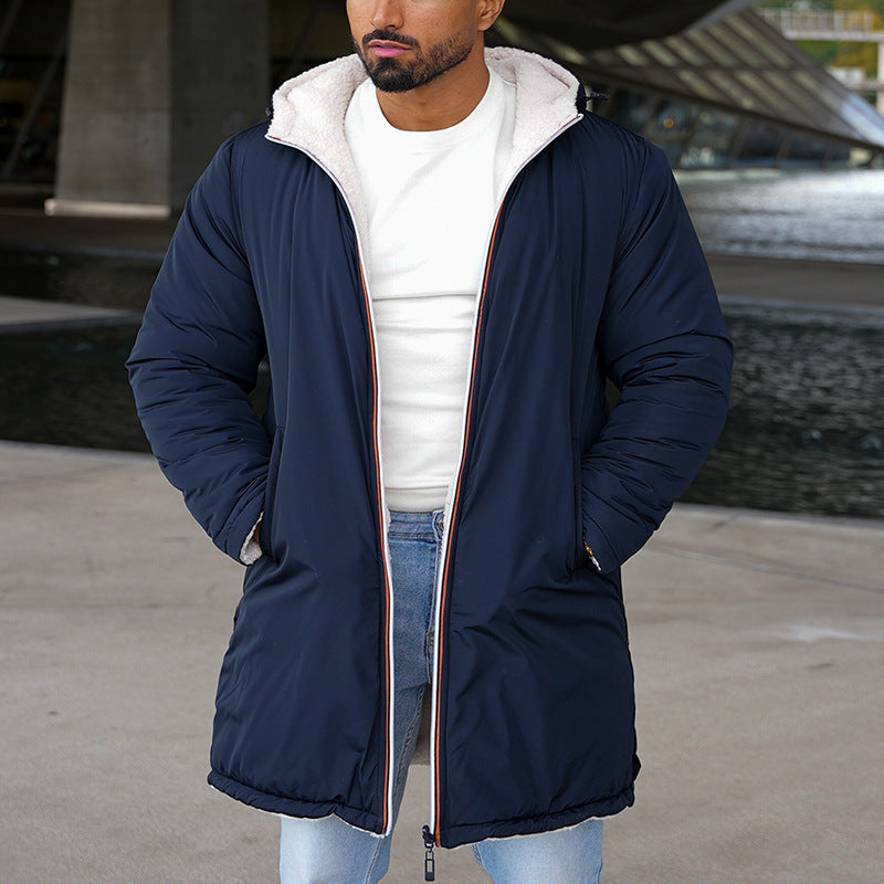 Men's hooded double-zip padded coat, dark navy side with adjustable hood