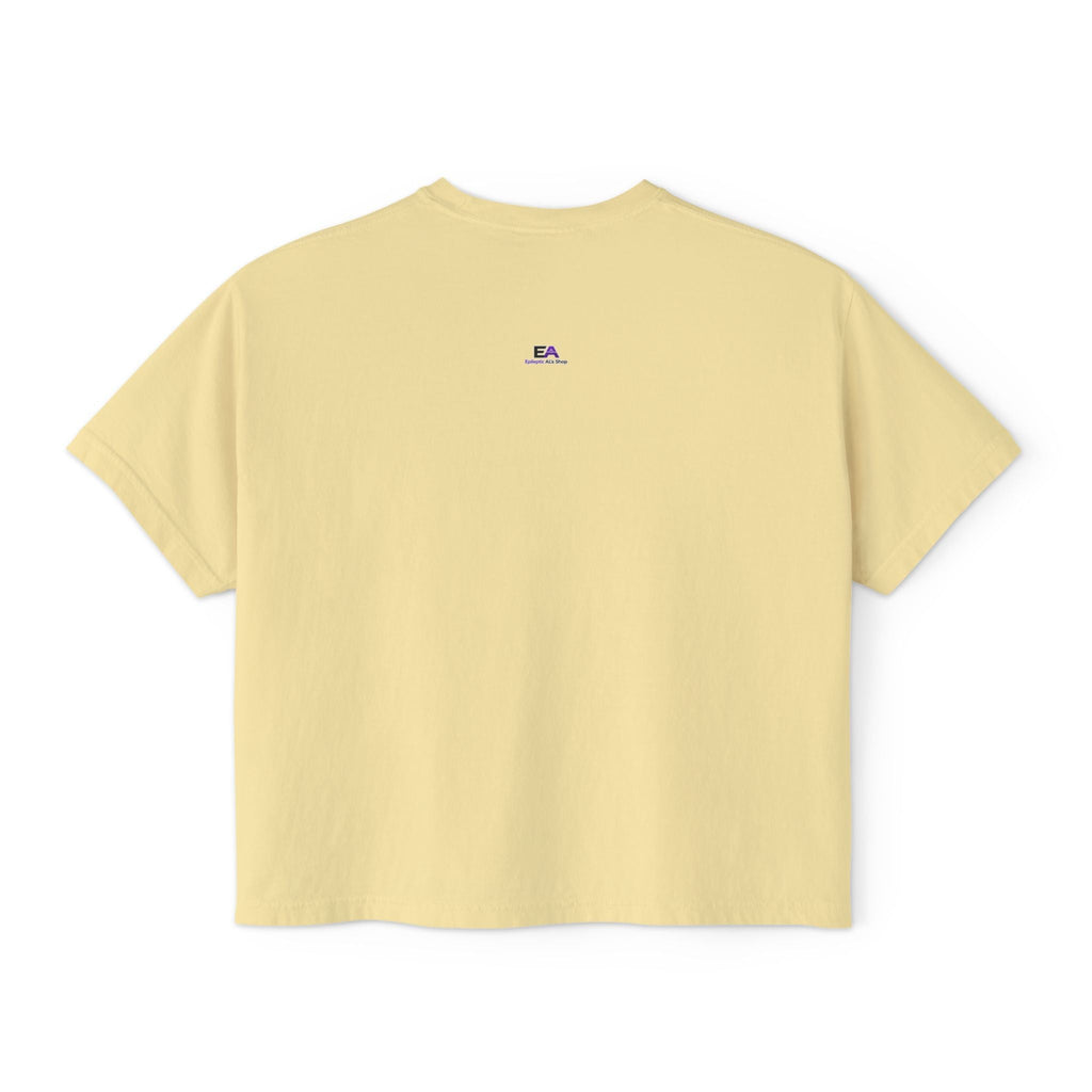 Boxy cropped cat tee, butter yellow, crew neck, short sleeves, small EA logo at chest