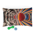 Square plush pet bed with abstract geometric pattern and multicolor striped bolster