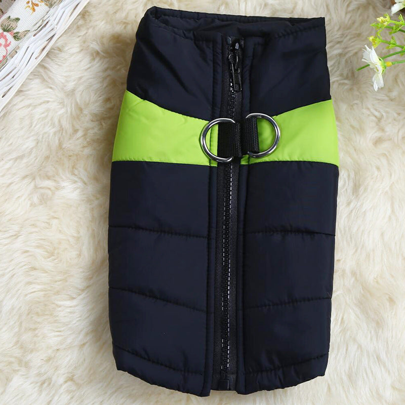 Pet puffer ski suit vest in black with neon green stripe and front zipper