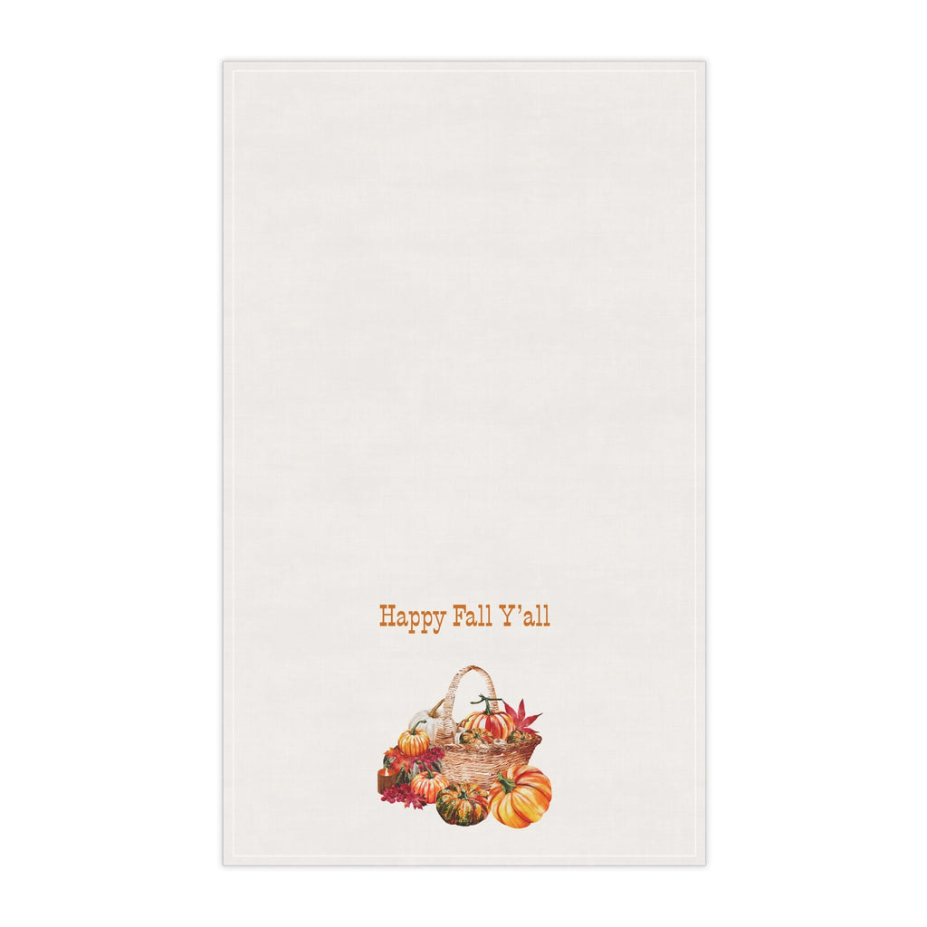 Kitchen tea towel, centered “Happy Fall Y'all” text with autumn basket graphic