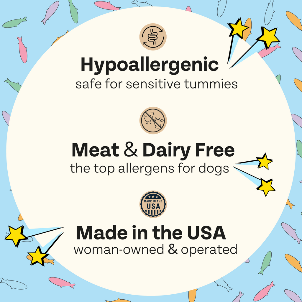 Hypoallergenic dog treat label: meat and dairy free, made in USA