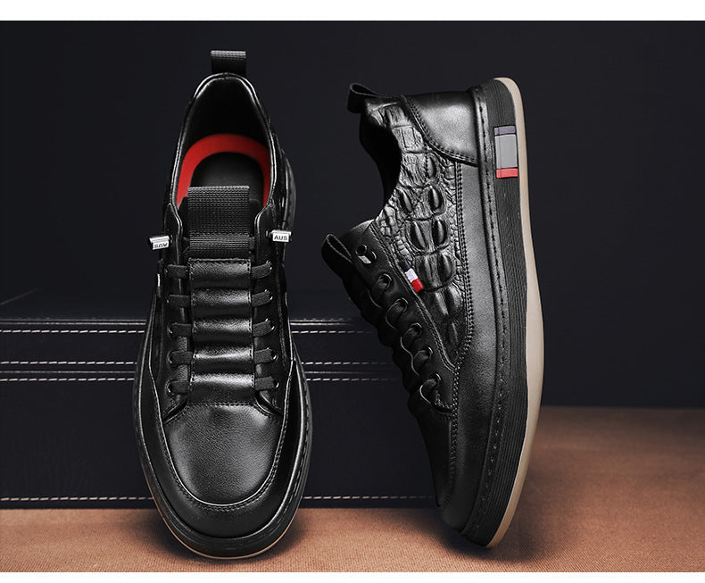 Black lace-up sneakers shown from side and heel views with cushioned collar.