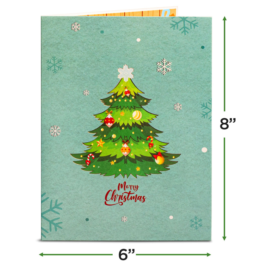 Folded Christmas tree pop-up greeting card with green snowflake background