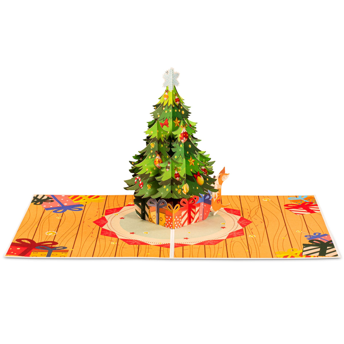 Pop-up Christmas tree greeting card with gift-wrapped base on patterned panel