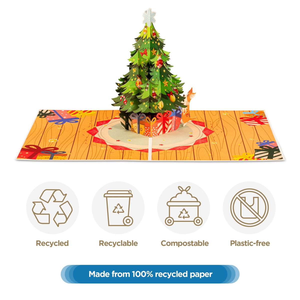 Eco-friendly Christmas tree pop-up card with recycle and plastic-free icons