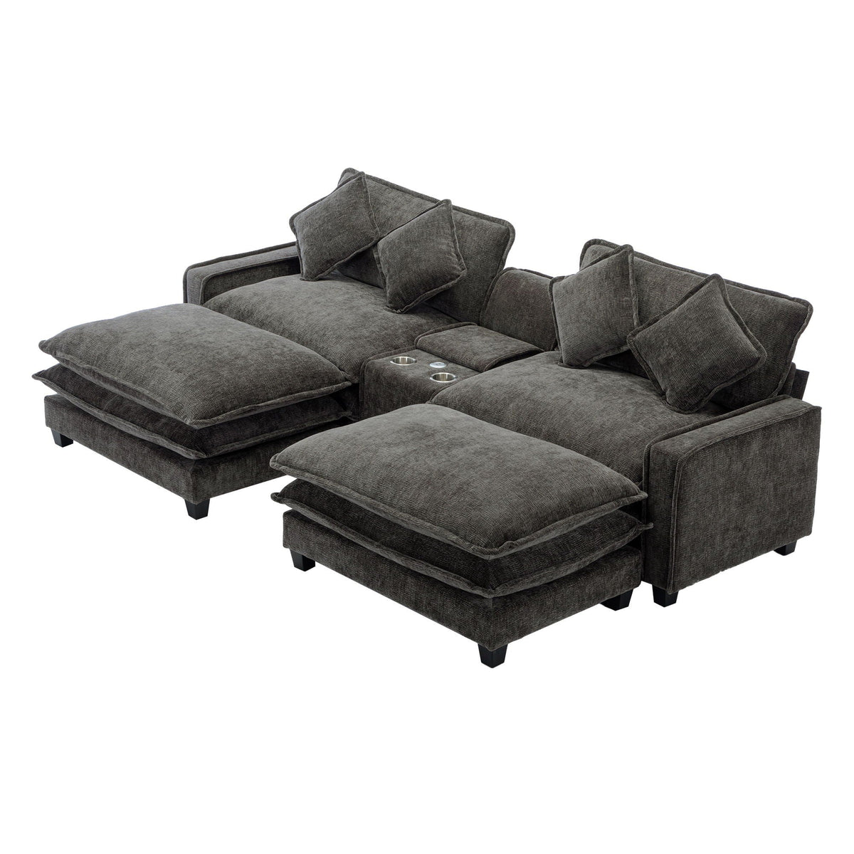 Dark gray sectional sofa with two ottomans extended and four accent pillows