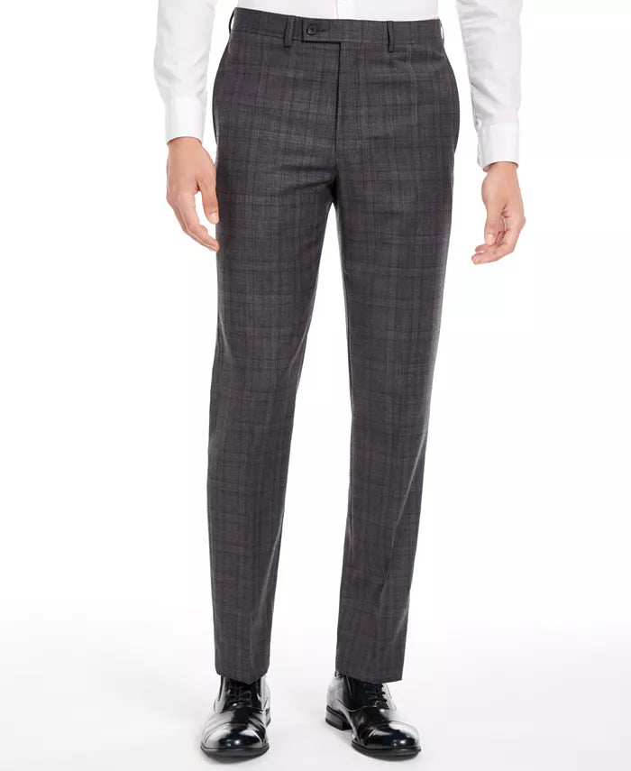 Men's dark gray plaid slim-fit stretch suit pants with button closure and belt loops