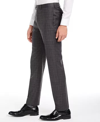 Men's dark gray plaid slim-fit stretch suit pants, side angle view