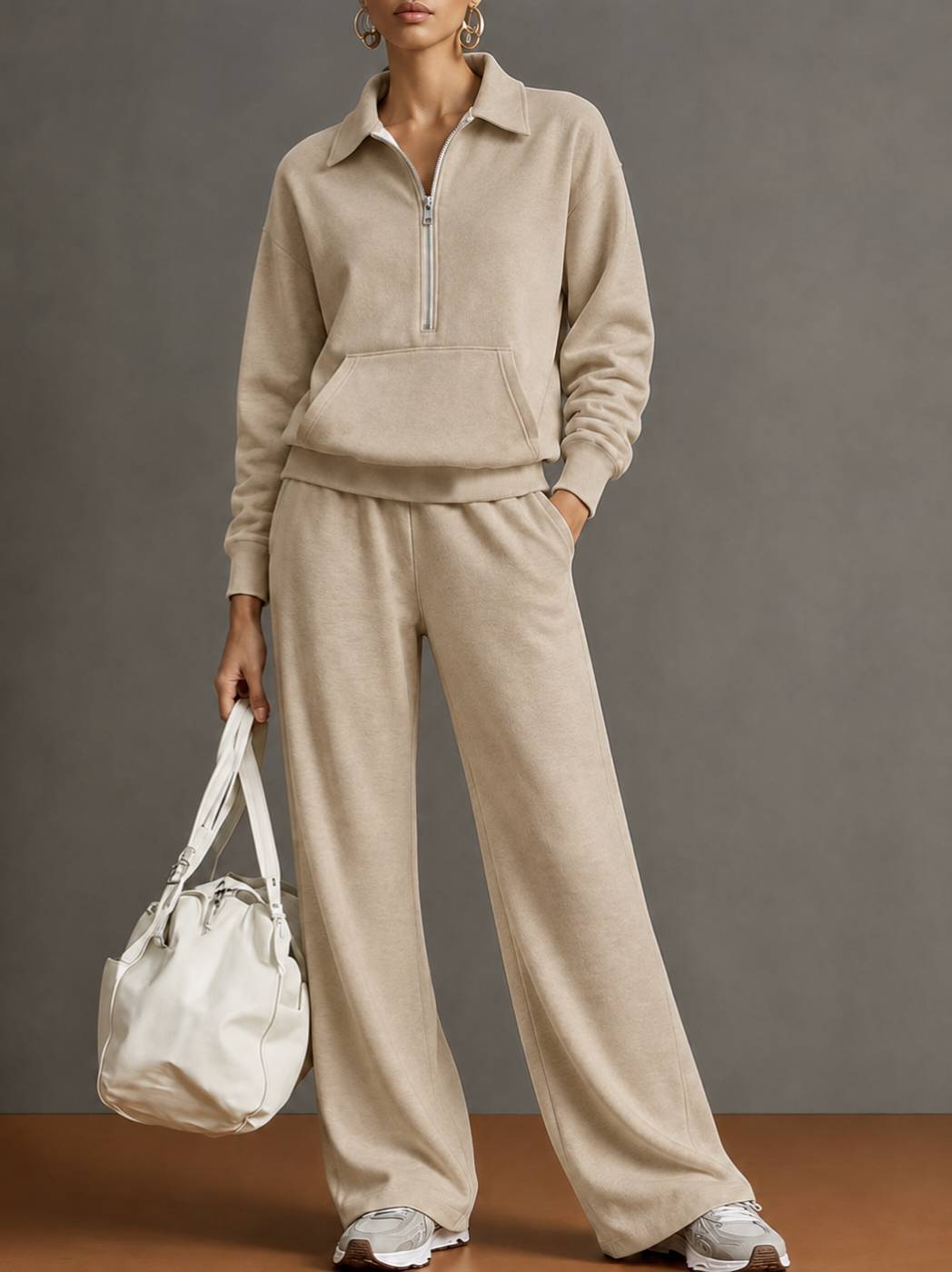 Khaki half-zip sweatshirt and wide-leg pants two-piece set for women