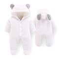 White hooded bear-ear baby jumpsuit romper set with front view and back view