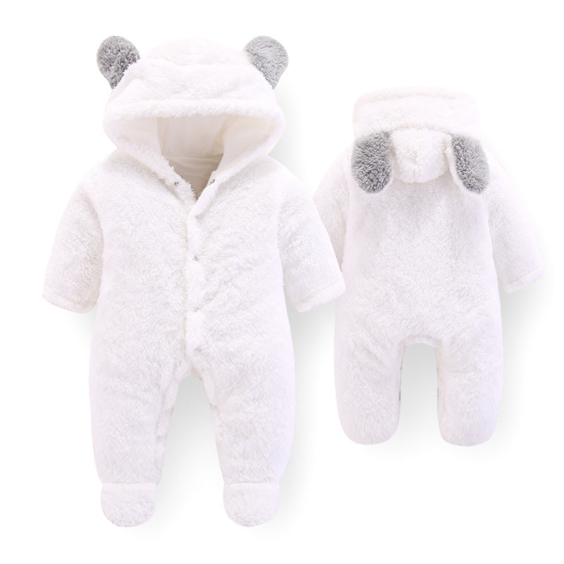 White hooded bear-ear baby jumpsuit romper set with front view and back view