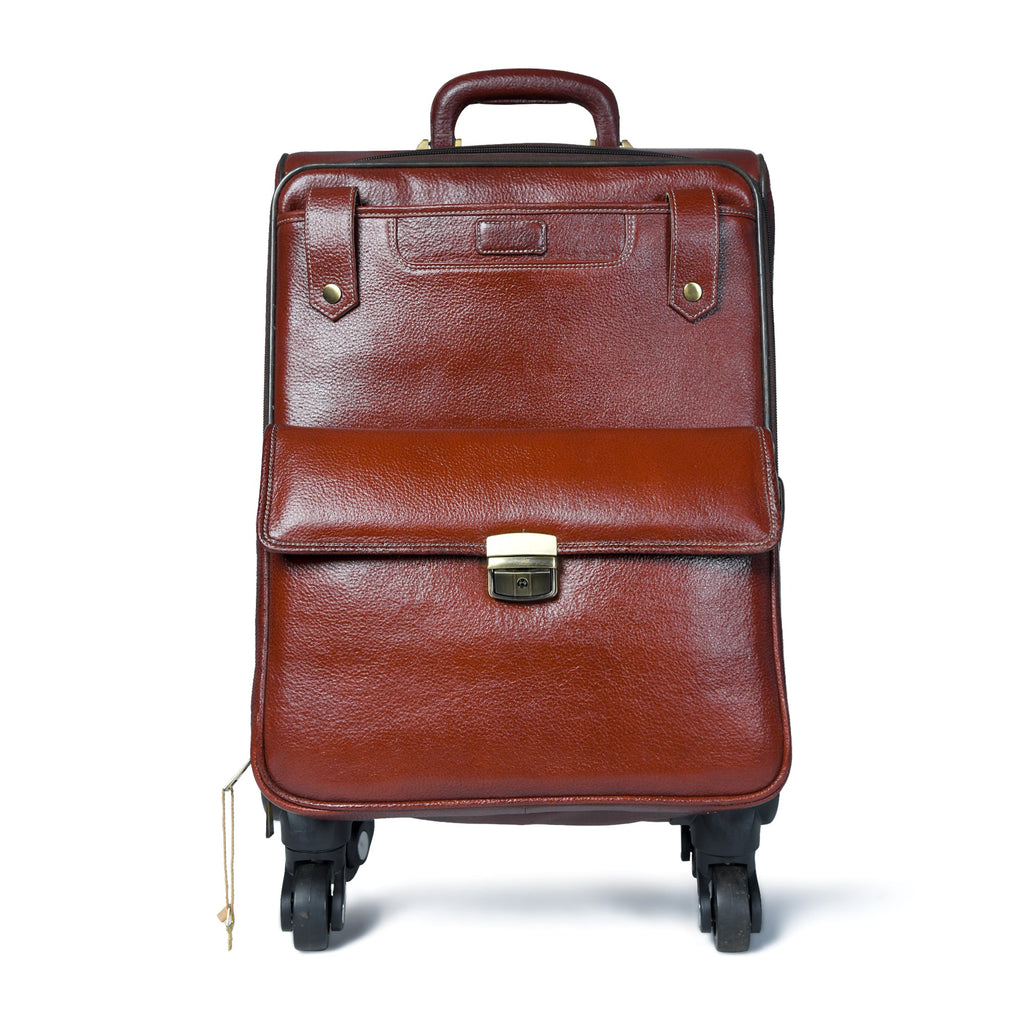 Brown leather carry-on trolley bag front view with top handle, latch, and two front buckles