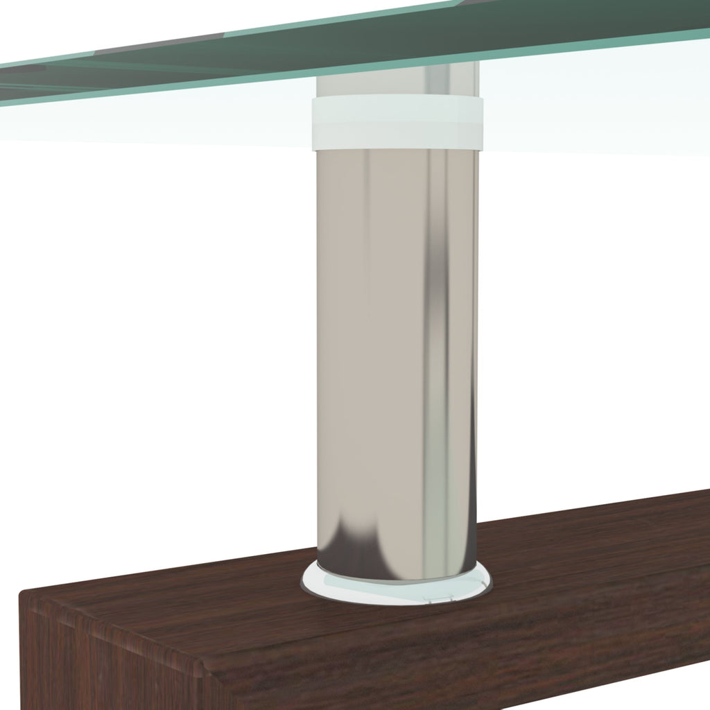 Close-up of chrome support post at the underside of a clear glass coffee table