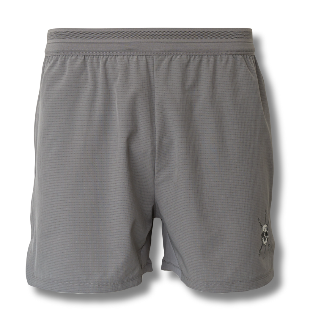 Gray athletic shorts front view with elastic waistband and skull graphic on right hem.