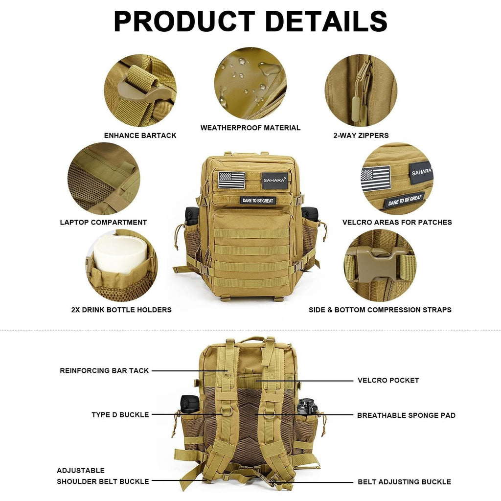 Khaki tactical travel laptop backpack with bar-tack stitching, weatherproof fabric, 2-way zippers