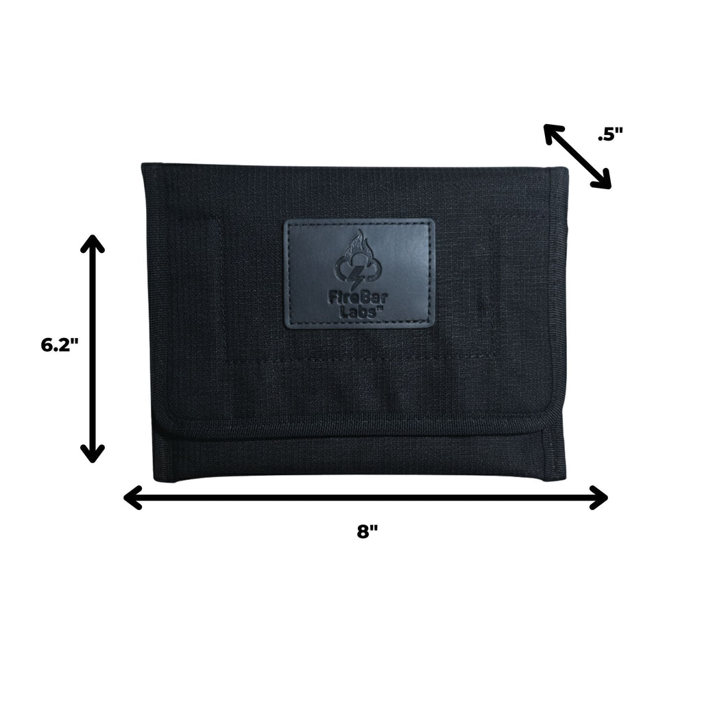 Black smell-proof travel wallet with size dimensions shown: 8 in by 6.2 in