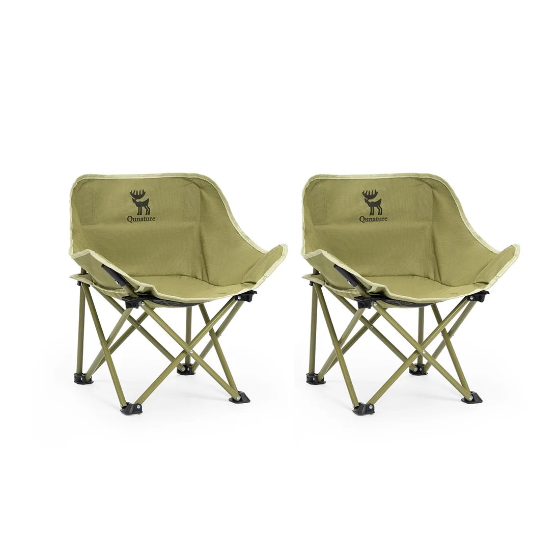 Pair of green folding camping chairs with padded seats and steel folding frame