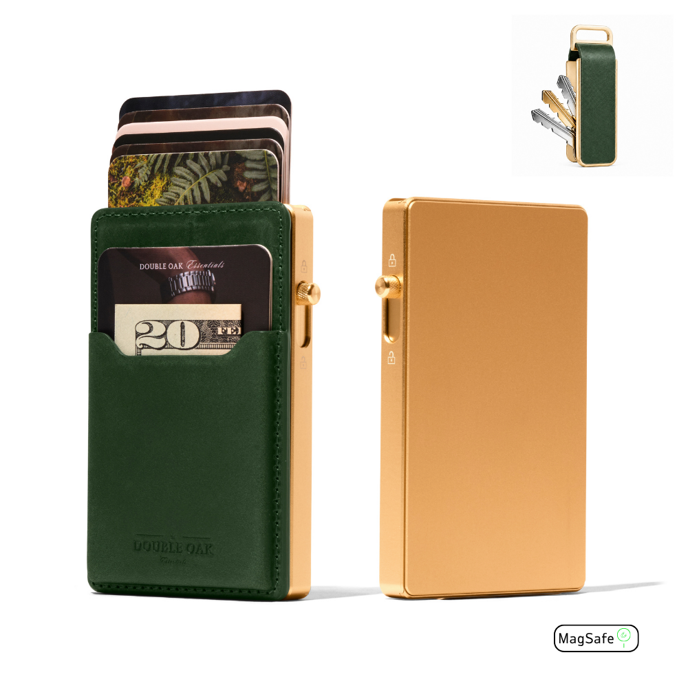 Green leather front card wallet with cash and card slots; includes slim back plate.