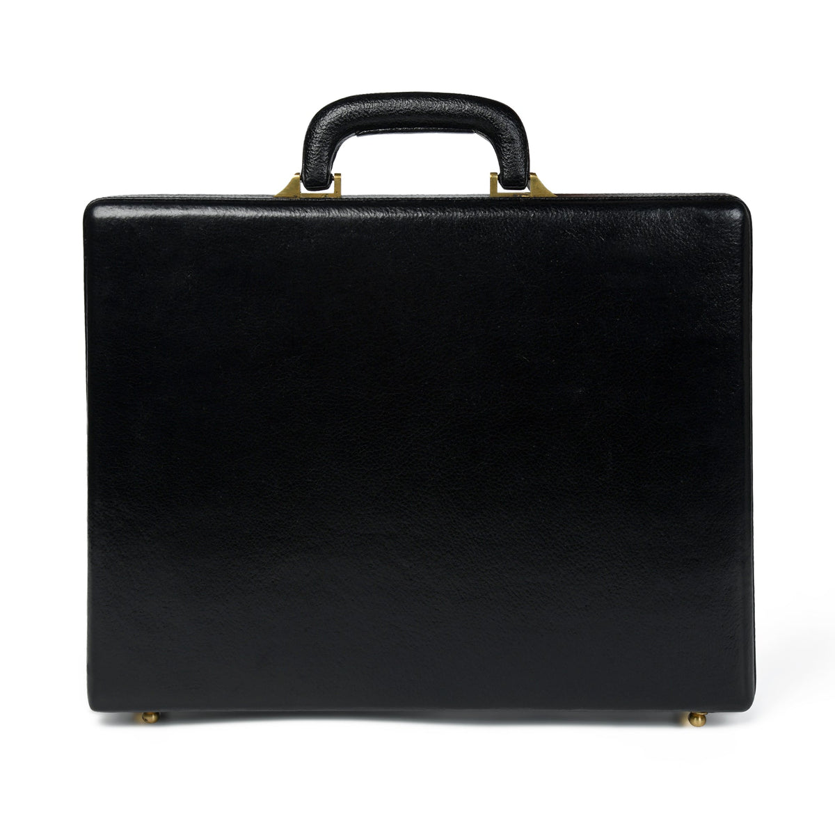 Black leather briefcase with top handle and gold-tone corner feet