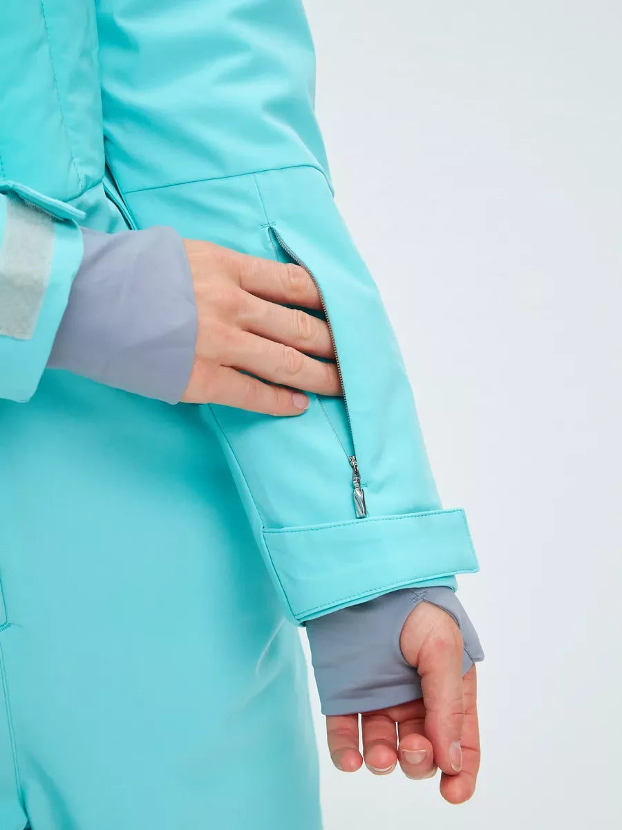 Mint waterproof ski jumpsuit with chest pocket flap and gray cuff detail