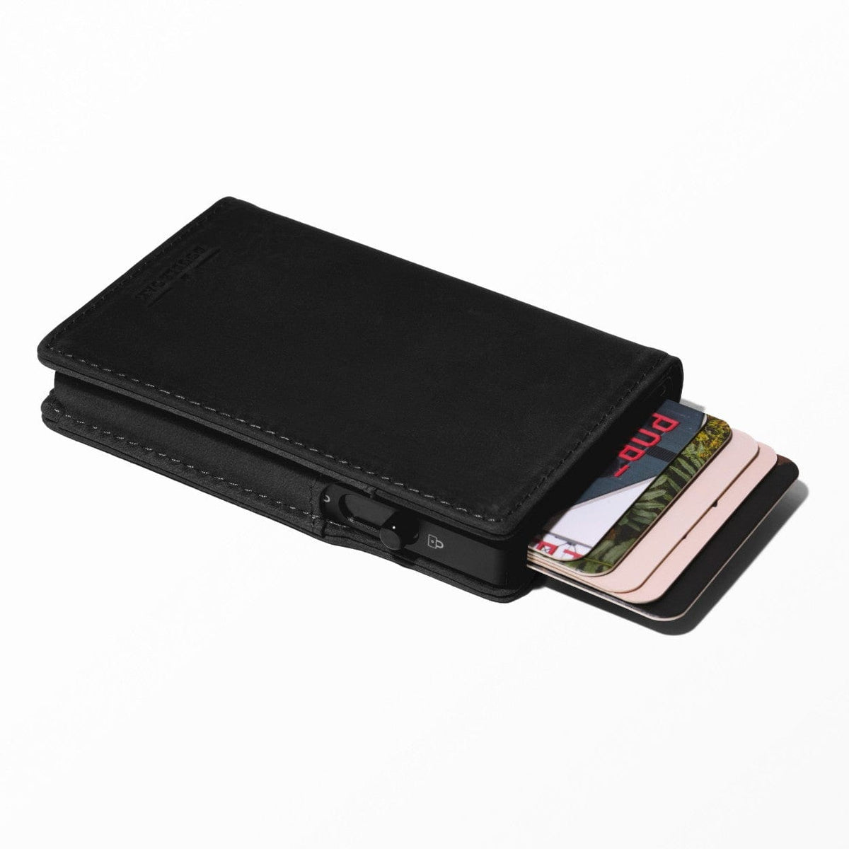 Black leather bifold wallet with card slots and side snap closure