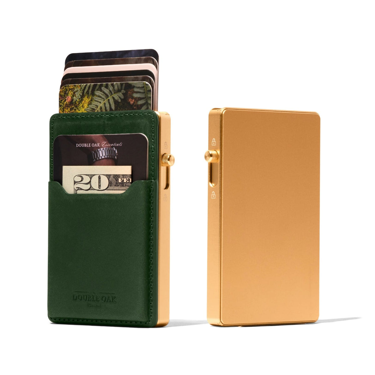 Mod wallet with green leather cardholder and gold metal frame, slim card case