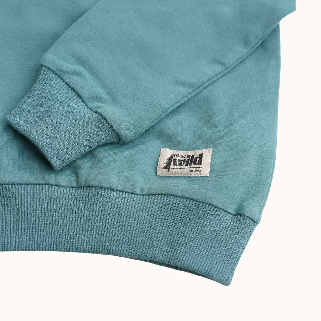 Teal pullover hem with ribbed knit cuff and small logo label patch.