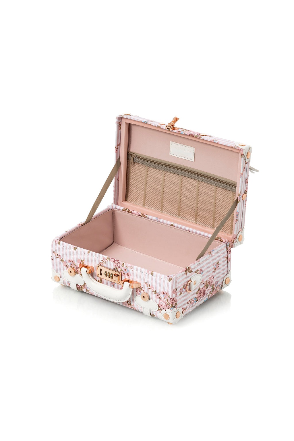 Pink floral rolling suitcase open showing fabric-lined interior