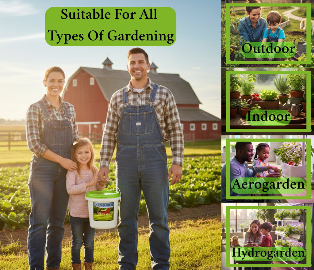 Seed kit bucket and family gardening scene with indoor and outdoor gardening icons