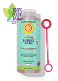 Bubble bath bottle with pink bubble wand accessory, blue-green label