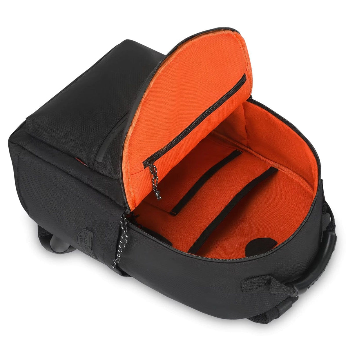 Black backpack opened to orange interior with zip pocket and inner divider
